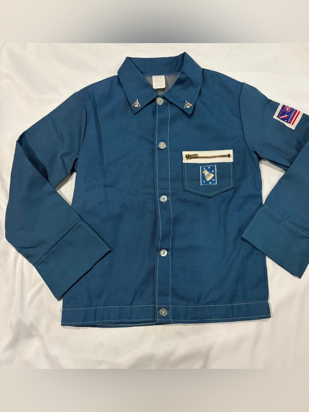 Vtg Boys Astronaut Button Down Shirt Jacket NASA patches USA 80s 90s Blue Sz 16